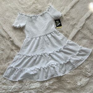 Art Class White Off the Shoulder Short Sleeve Smocked Tiered Dress